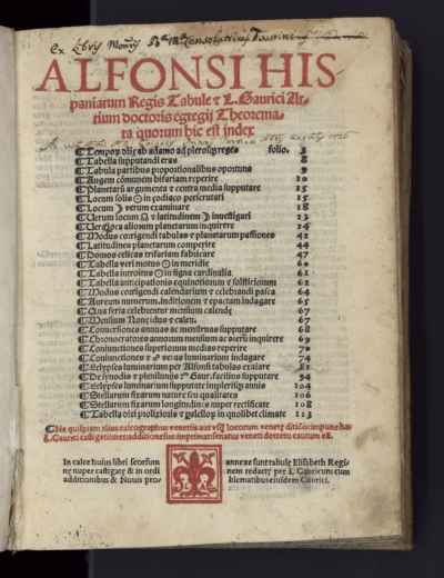 Copertina  Alfonsi Hispaniarum regis Tabule & L. Gaurici artium doctoris egregij Theoremata quorum hic est index ... In calce huius libri seorsum annexe sunt tabulae Elisabeth Reginae nuper castigatae & in ordinem redactae per L. Gauricum ...