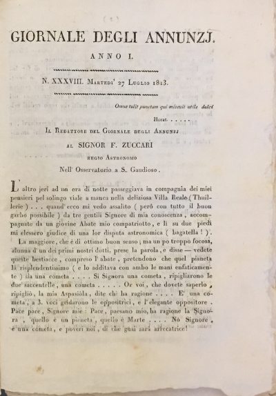 Copertina  Il Redattore del Giornale degli Annunzj al signor F. Zuccari regio Astronomo nell'Osservatorio a S. Gaudioso